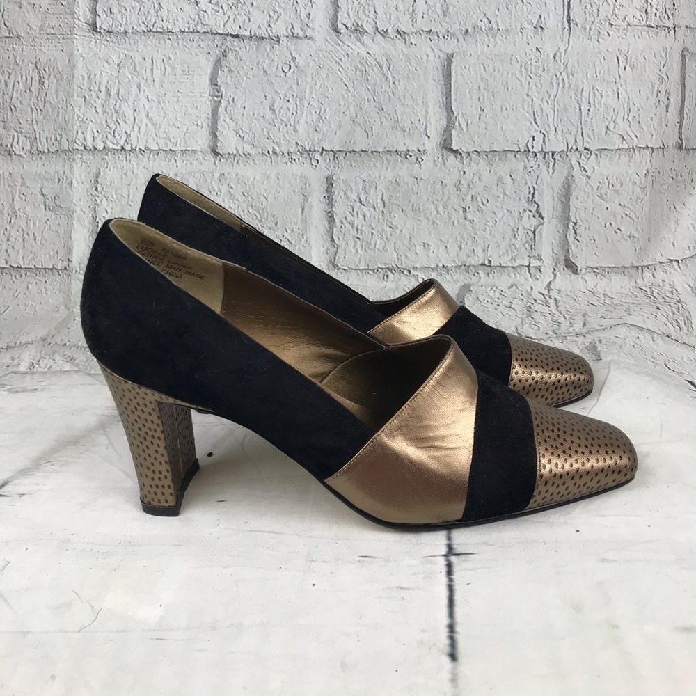 Black and Metallic Bronze Women's Mid Heel Pumps